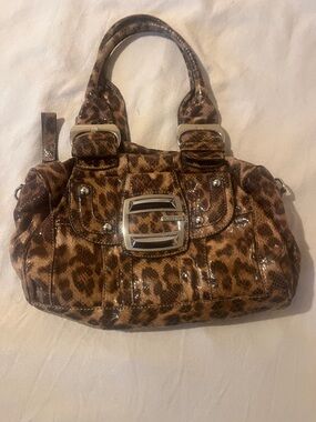 Guess Leopard-Print Patent Leather Shoulder Bag with Silver Buckle